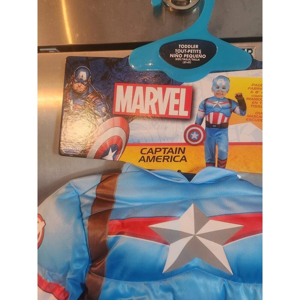 Marvel Captain America Toddler Muscle Costume Jumpsuit Mask Shield Halloween - Picture 2 of 5